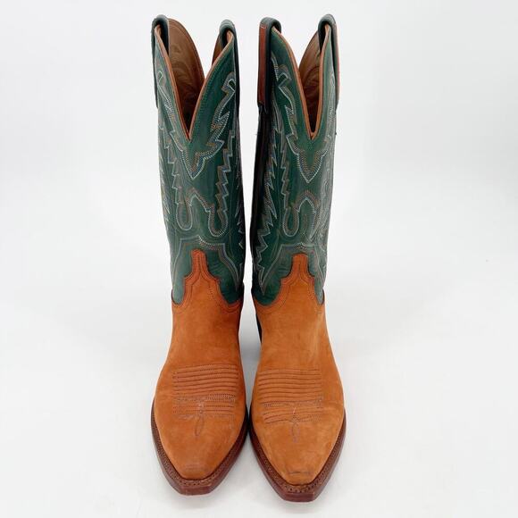 Vintage Lucchese Green Camel Tan Snip Toe Western Stitching Cowgirl Boot size 8 - Picture 5 of 11